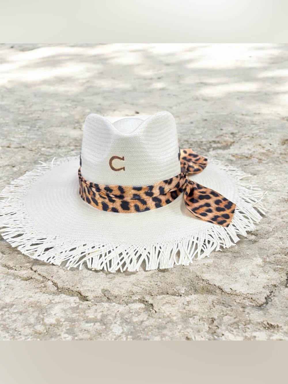White Straw Sun Hat with Leopard Band